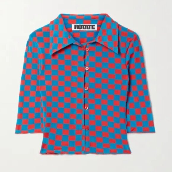 ROTATE Birger Christensen Miranda Red/Blue Mesh/Velvet Plaid CroppedShirt M $270 - Picture 6 of 14